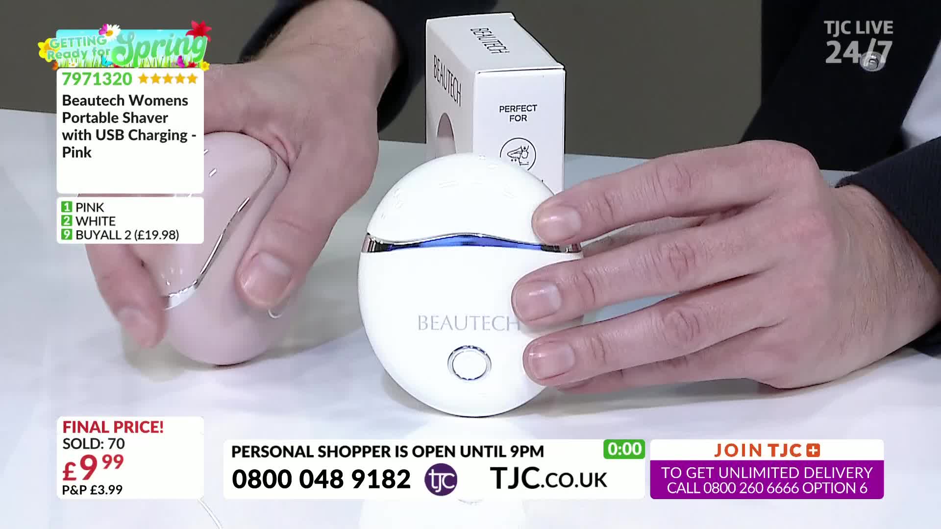 A hand holds a pale pink portable shaver, its metallic trim catching the light. Another hand gestures towards a white Beatech shaver, its smooth, rounded surface displaying a subtle blue light.