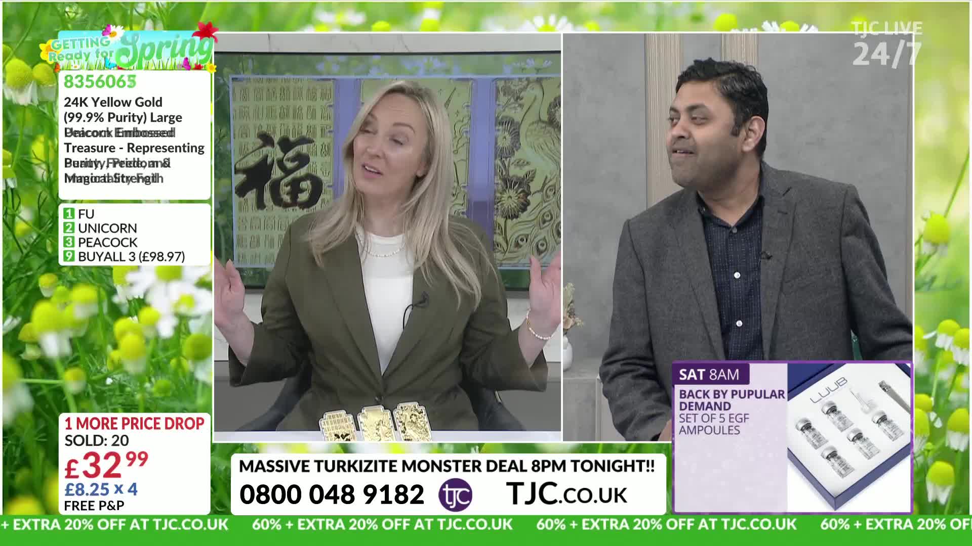 A woman with blonde hair gestures animatedly while a man in a grey jacket smiles. They are presenting items on a television channel, likely for a UK audience.