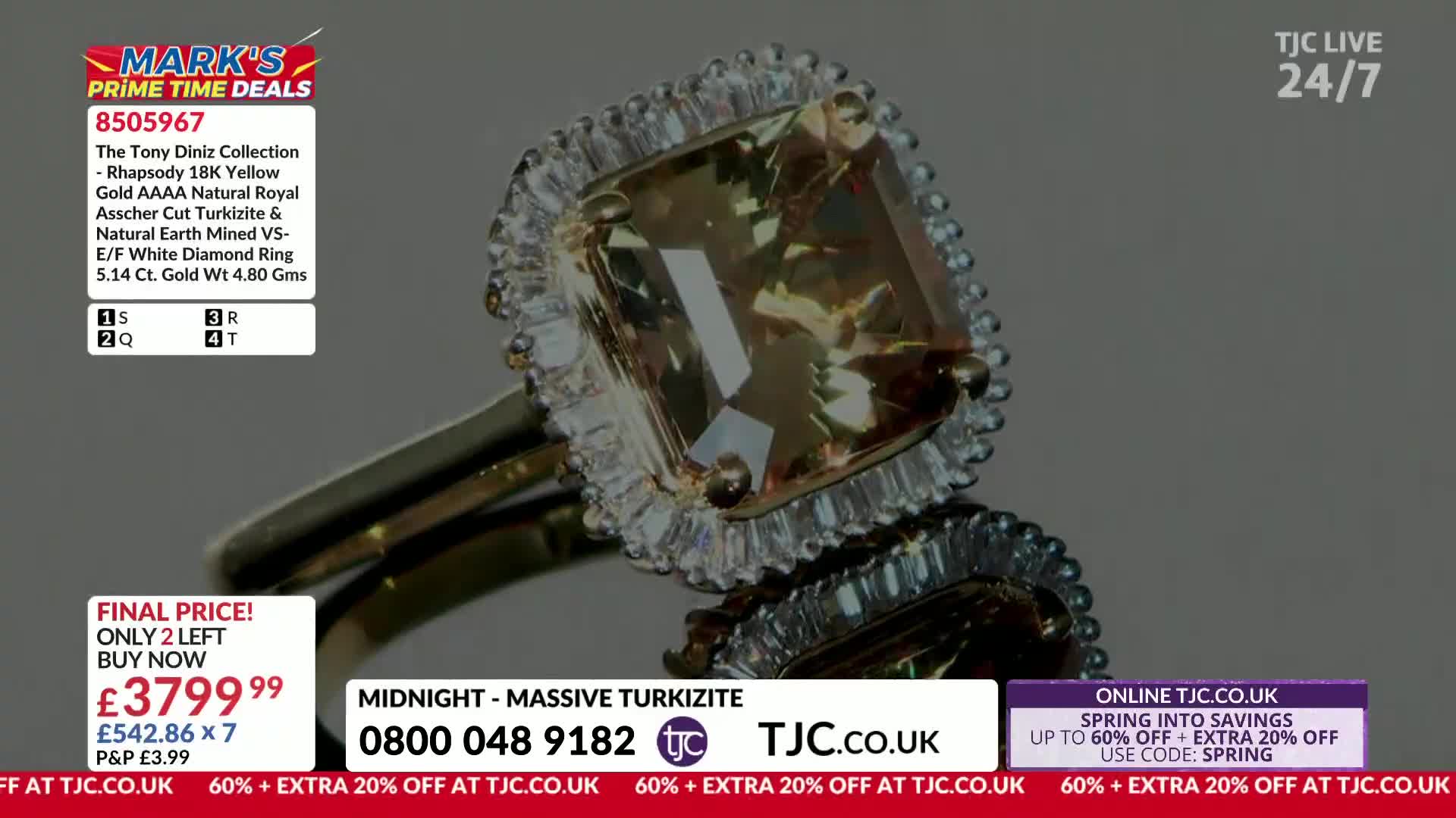 A large, square-cut yellow gemstone ring, surrounded by smaller diamonds, sits on a reflective surface. The TJC logo and a phone number are displayed below.