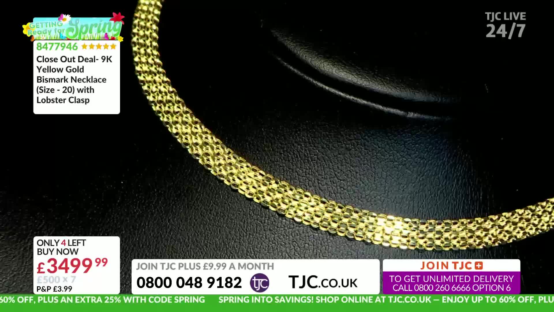 A thick, textured gold necklace lies against a dark background. The TJC logo and details about the necklace are displayed on screen.