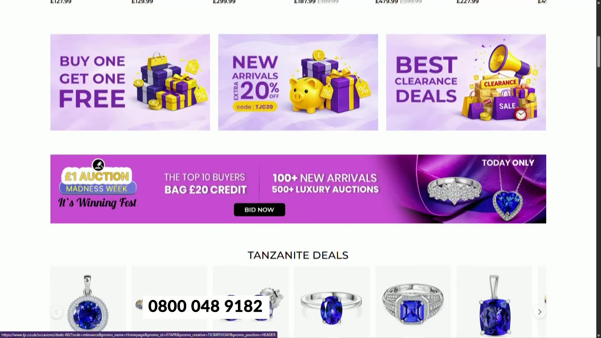 A vibrant banner advertises a £1 auction, with the promise of £20 credit for the top 10 buyers. Below that, a collection of tanzanite jewellery is displayed, showcasing rings and pendants.
