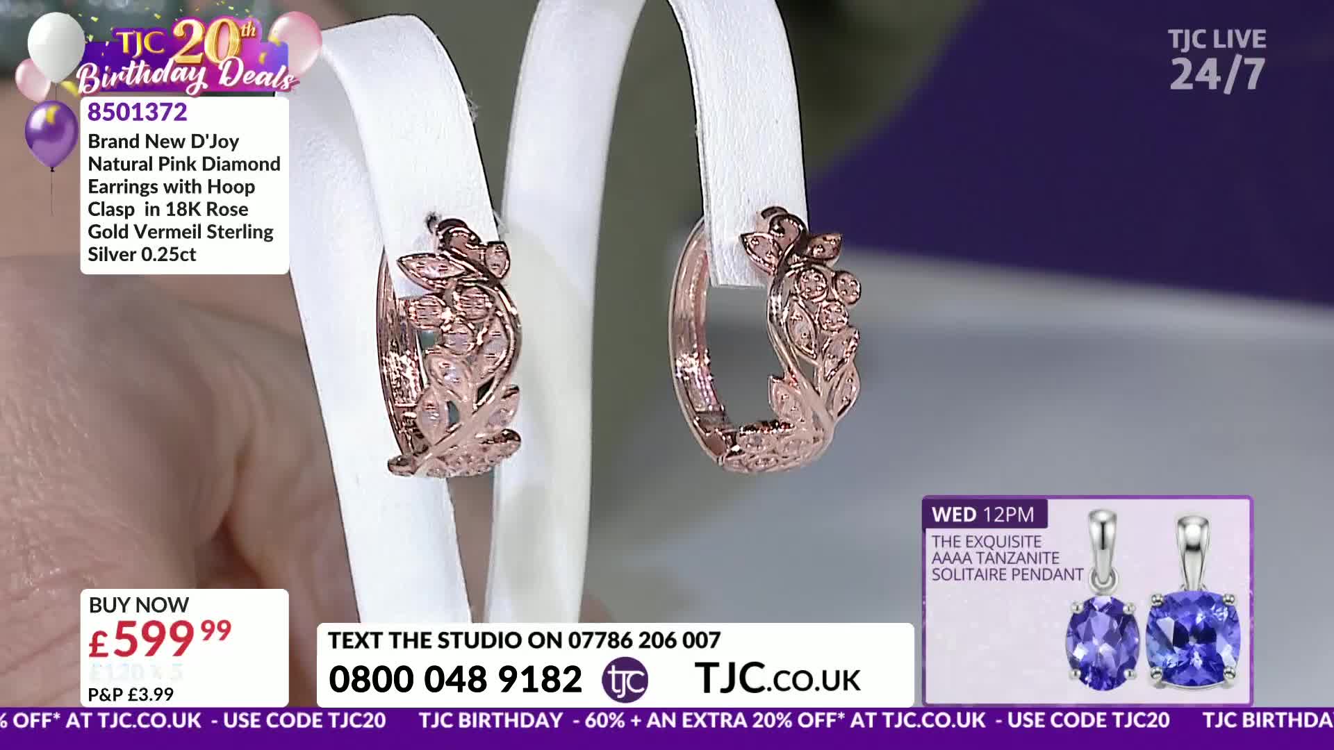 Two rose gold earrings, detailed with leaves and small stones, are displayed on white stands. A graphic advertises a tanzanite pendant for sale on TJC.