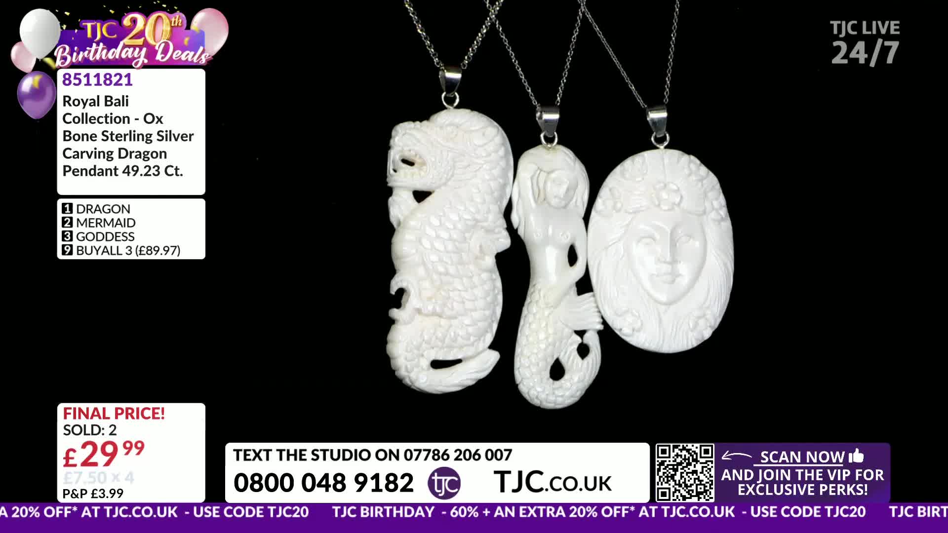Three intricately carved pendants hang from delicate silver chains. A dragon, a mermaid, and a woman's face are each rendered in what appears to be bone.