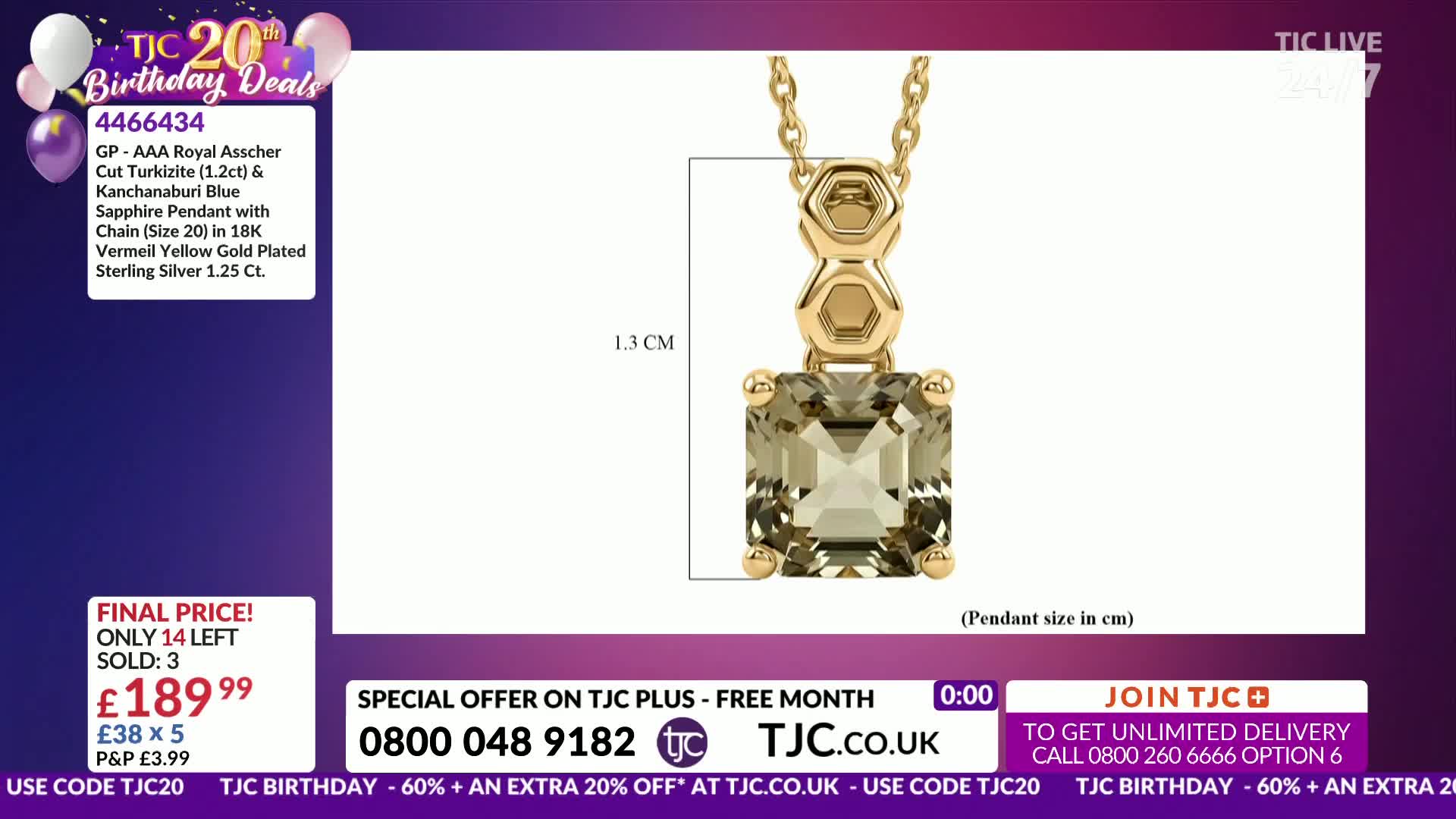 A gold pendant with a square-cut, pale green gemstone hangs from a delicate chain. The pendant's top features a honeycomb-like design, and a measurement of 1.3 cm is indicated beside it.