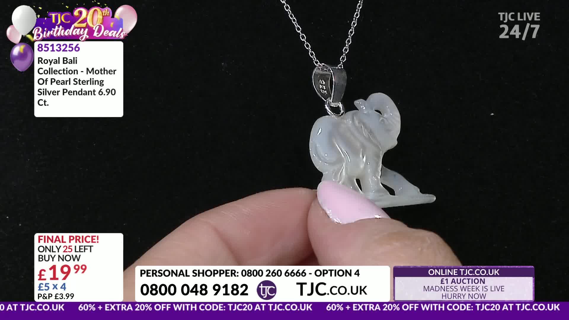 A pale, translucent elephant pendant is held up, its trunk curled. The delicate silver chain dangles from a manicured finger.