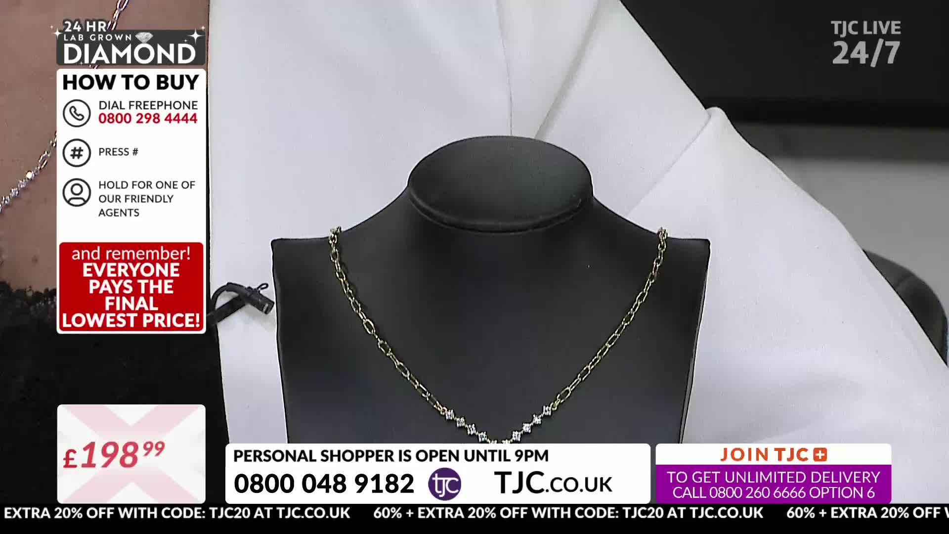 A delicate gold necklace with small diamonds rests on a black bust. A graphic on the left promotes TJC's "How to Buy" diamond guide.