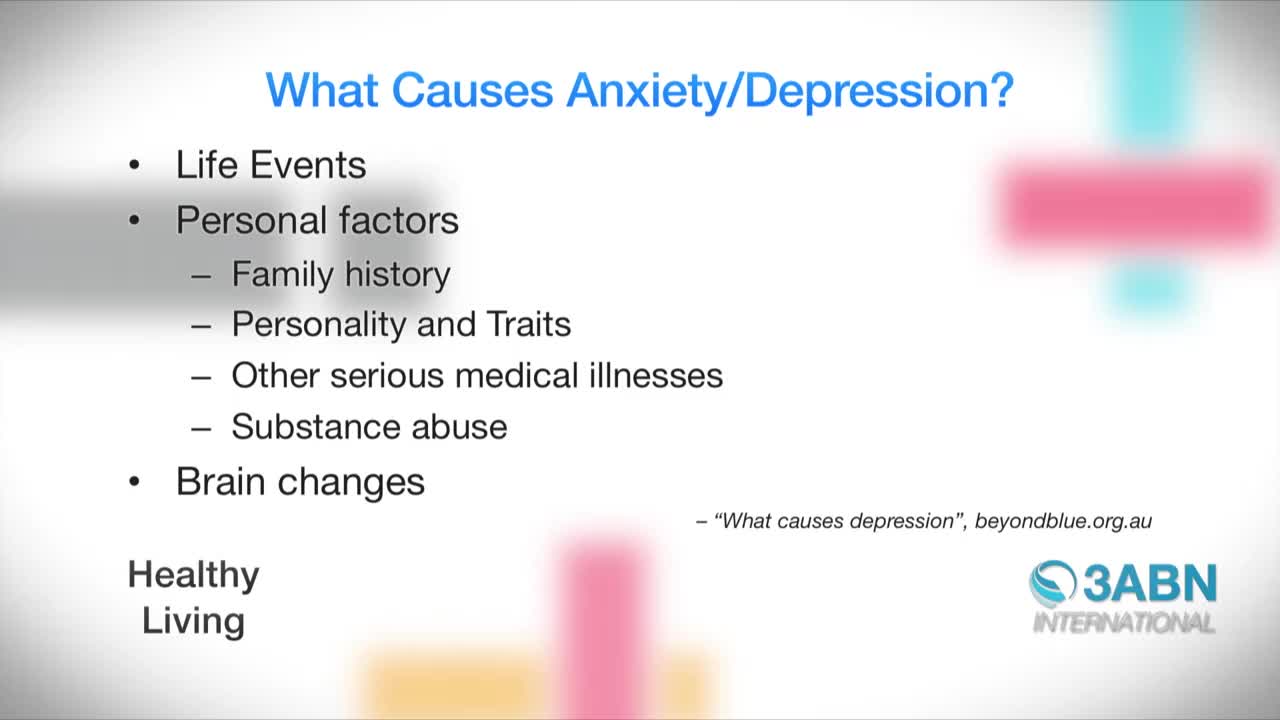 A list of potential causes for anxiety and depression appears on the screen, with bullet points and sub-items. The 3ABN International logo is in the bottom right corner of the screen.

