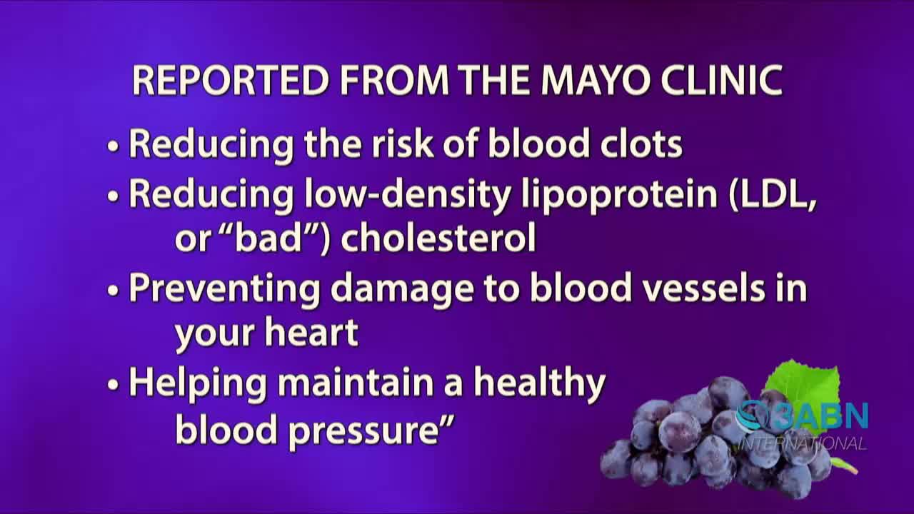 A list of health benefits, sourced from the Mayo Clinic, appears on a purple background. A cluster of dark grapes with a green leaf sits in the lower right corner, with the 3ABN International logo beside it.
