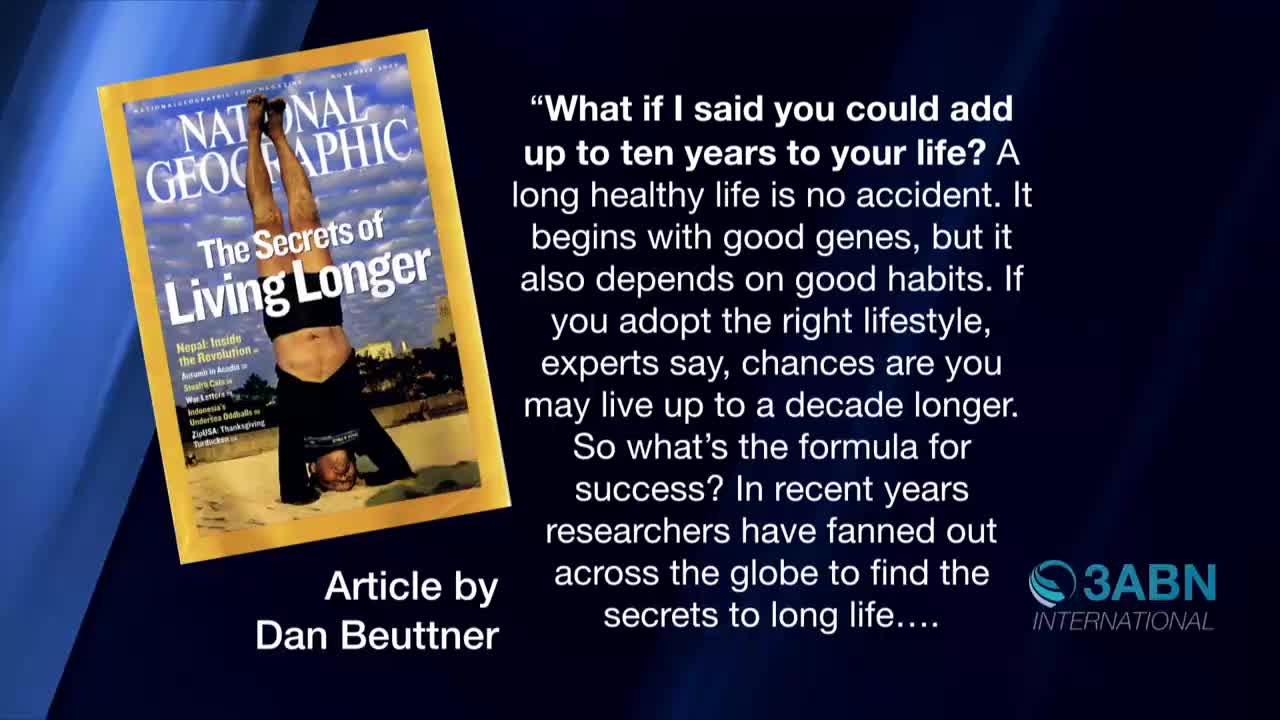 A 3ABN International segment features a National Geographic cover about longevity. The magazine shows a person doing a headstand, and text on the screen poses questions about living longer.
