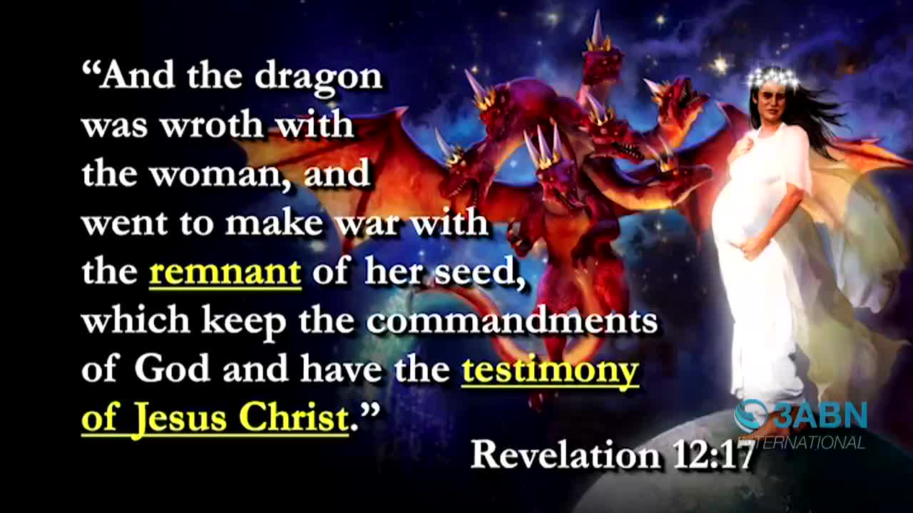 A fiery red dragon with multiple heads looms over a pregnant woman in a white gown, as seen on 3ABN International. Text from Revelation 12:17, in the United States, frames the scene.
