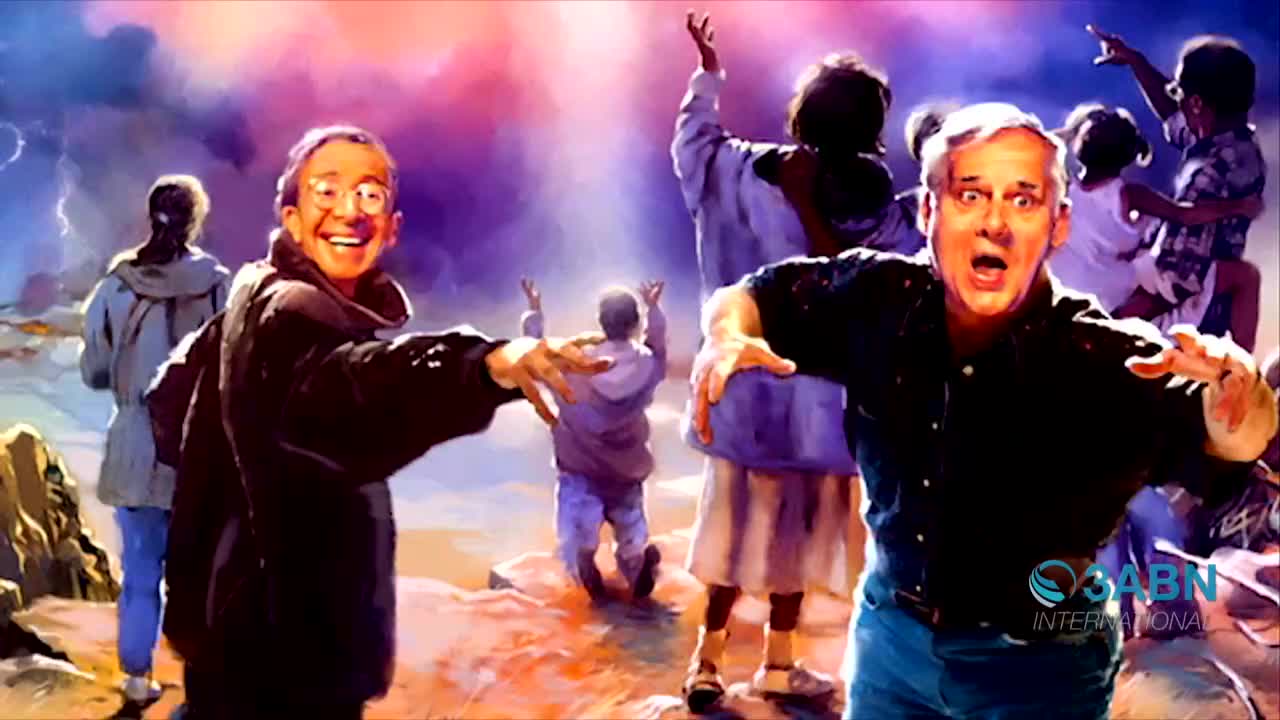 People are reaching out, some with their arms raised, as if toward a bright light in the sky. Two men in the foreground have their mouths open in surprise, their eyes wide.
