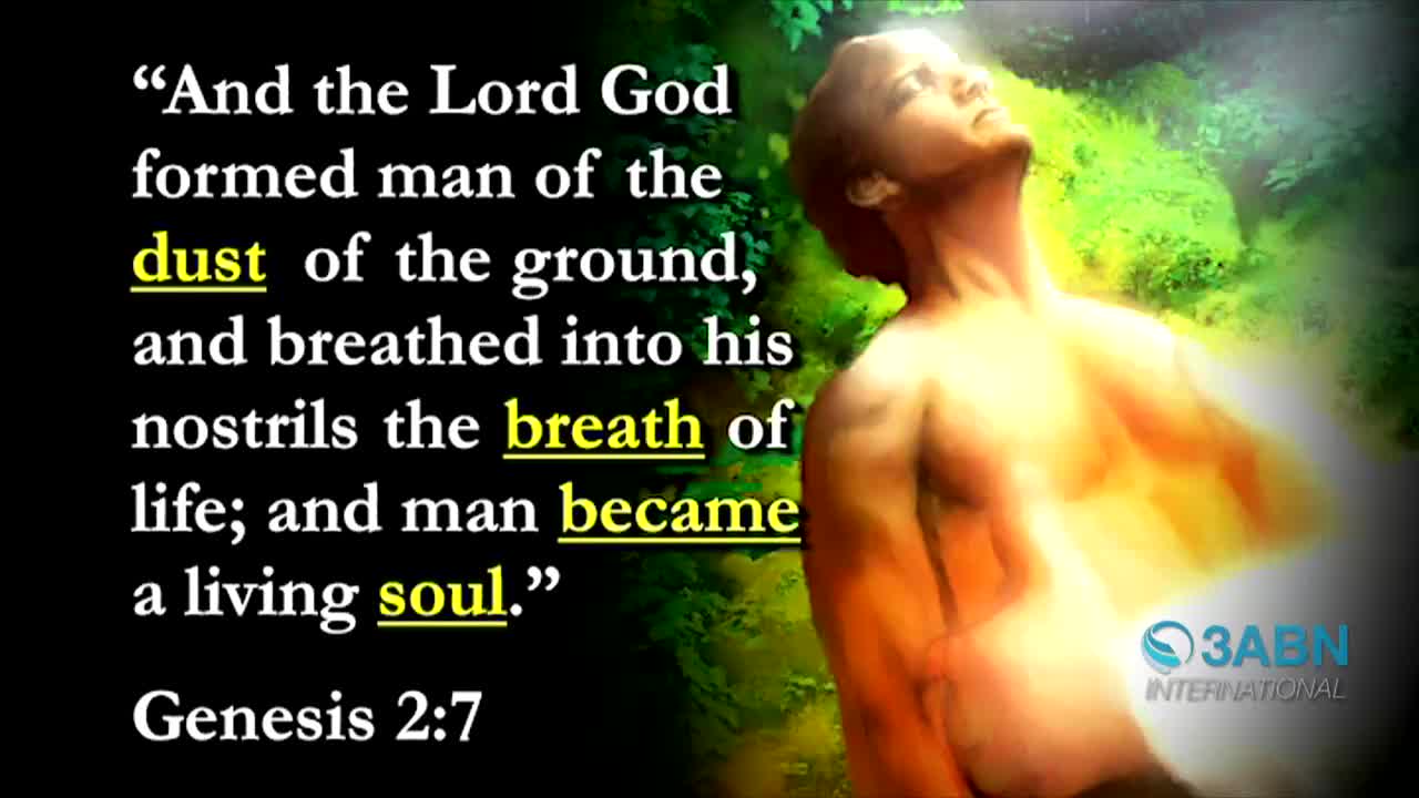 A man, bathed in light, looks upwards with his arms slightly outstretched. Text from Genesis 2:7, broadcast by 3ABN International, accompanies the image.
