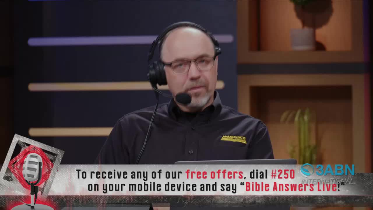 A man with glasses and headphones speaks into a microphone. Text below him invites viewers to dial #250 and say "Bible Answers Live!" for free offers.
