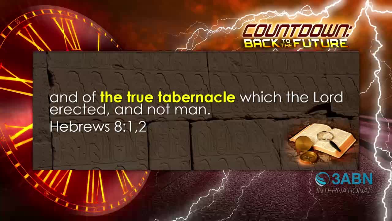 A large clock face with glowing Roman numerals dominates the left side of the screen. Text from Hebrews 8:1,2 appears over a stone wall, and lightning flashes across the background. The 3ABN International logo is visible in the lower right corner.