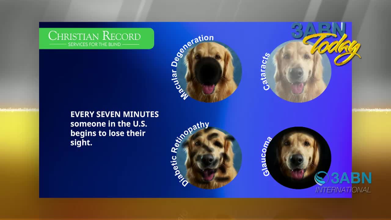 The screen displays information about vision loss in the U.S., featuring four golden retrievers with different visual impairments. A statistic states that every seven minutes, someone in the United States begins to lose their sight.