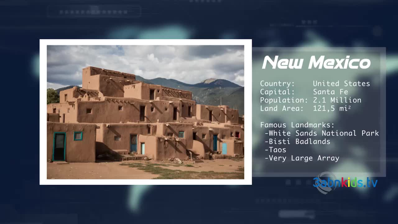The image shows a cluster of adobe buildings, some with bright blue doors and windows. A text box on the right lists facts about New Mexico, a state in the United States, as presented on 3ABN Kids.
