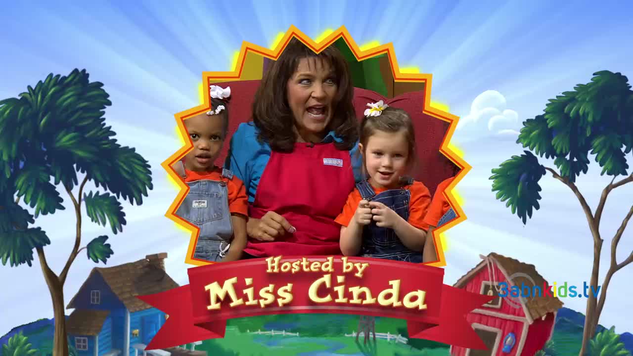 Miss Cinda, wearing a red apron, smiles broadly with two children in front of a cartoon backdrop. The words "Hosted by Miss Cinda" are displayed on a red banner at the bottom.
