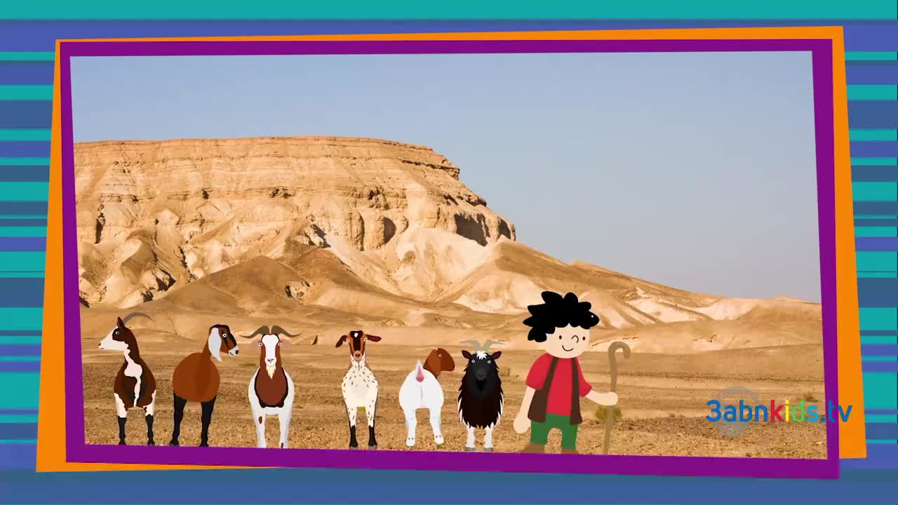A cartoon boy with a staff stands beside a line of goats against a desert backdrop. The 3ABN Kids logo is in the corner of the frame.
