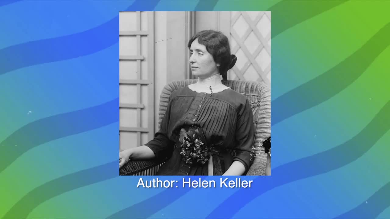 A woman sits in a wicker chair, her gaze directed away from the camera. The text below identifies her as Helen Keller, an author.