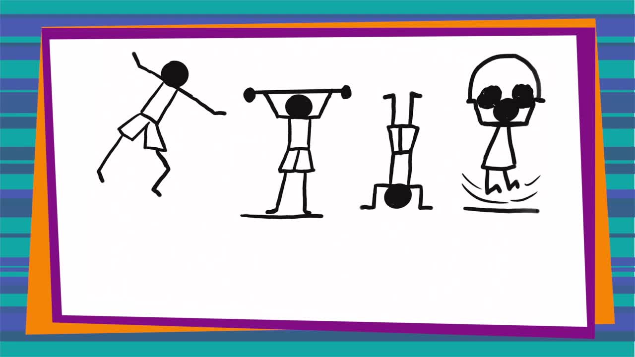 A stick figure tumbles through the air, arms outstretched. Next, another figure lifts a barbell overhead, while a third balances upside down on its hands. Finally, a fourth figure jumps with a rope.