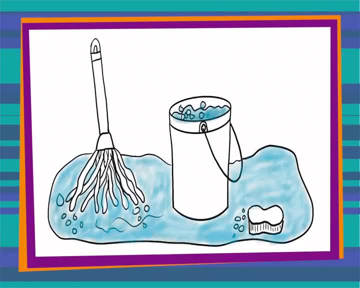 A mop with its strings submerged in water stands next to a bucket overflowing with suds. A sponge sits nearby, a few droplets of water splashing around it.