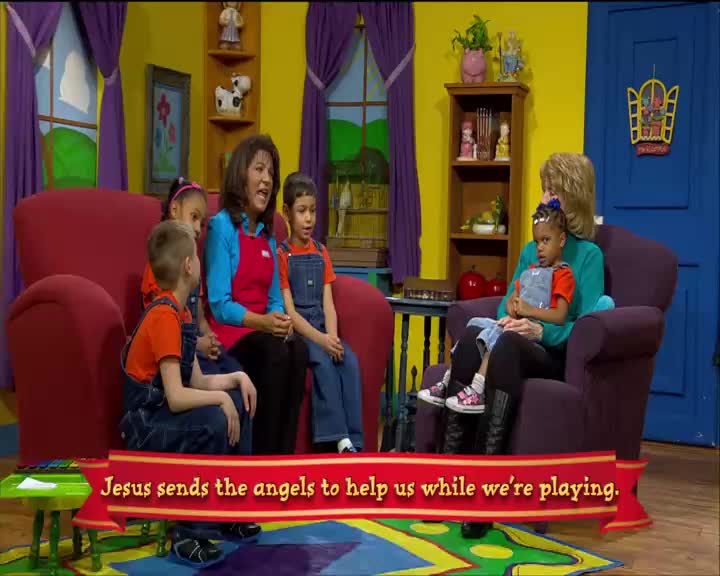 A woman in a red apron sings with a group of children in denim overalls. Another woman holds a young girl on her lap in a plush armchair.