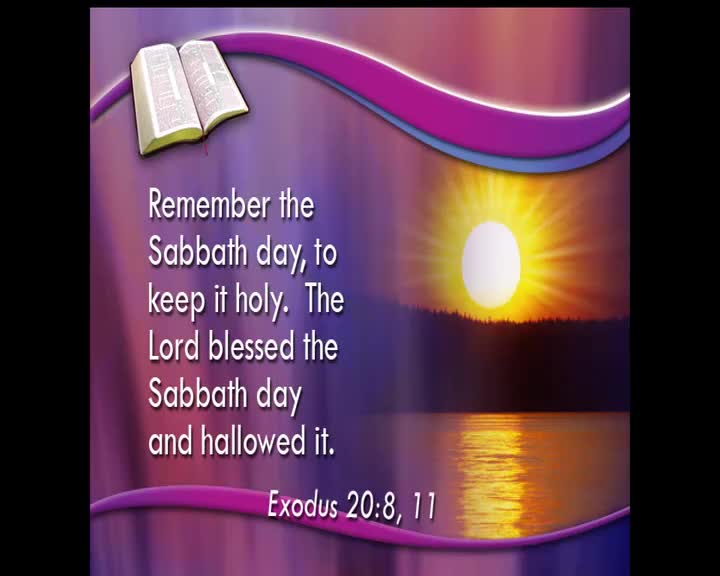 A bright sun sinks over a calm lake, its rays reflecting on the water. An open Bible rests on a purple background, with text about remembering the Sabbath day.