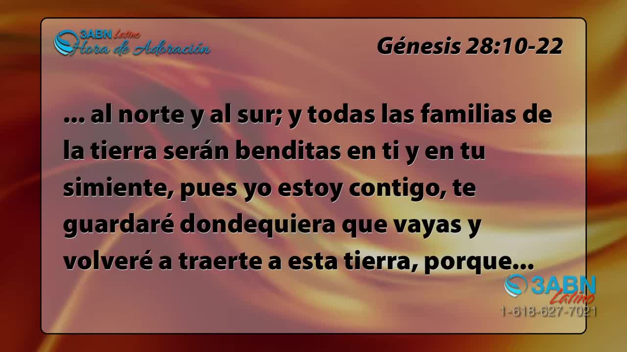 A screen displays a Bible verse in Spanish, with the 3ABN Latino logo in the corner. The text is set against a warm, gradient background.
