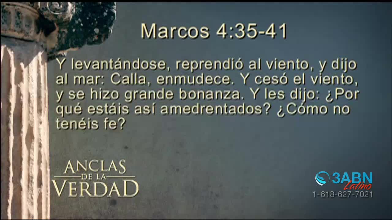 A screen displays a Bible verse in Spanish, with the 3ABN Latino logo in the corner. The text is set against a muted background, with a partial column visible on the left.
