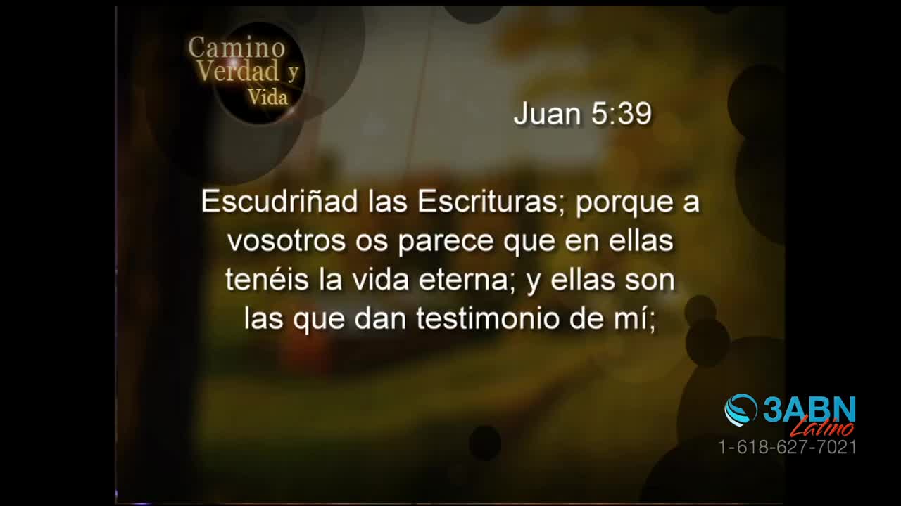 White text from John 5:39 appears over a soft-focus background. The 3ABN Latino logo and a phone number are in the lower right corner.