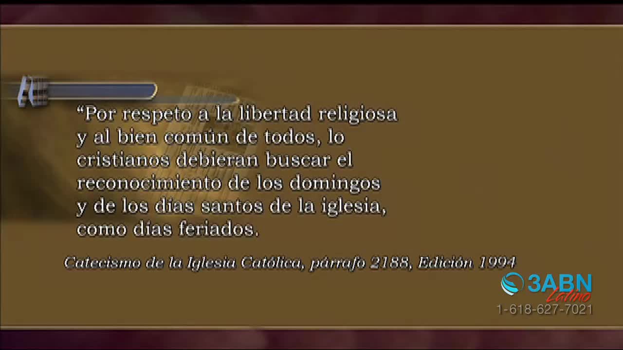 A quote from the Catechism of the Catholic Church appears on screen, attributed to paragraph 2188 of the 1994 edition. The 3ABN Latino logo and a phone number are visible in the lower right corner.