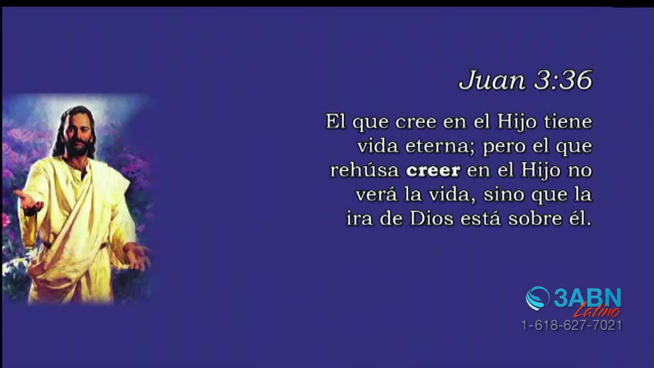 A painting of Jesus, arms outstretched, fills the left side of the screen. Spanish text, a Bible verse from John, appears on the right, alongside the 3ABN Latino logo.