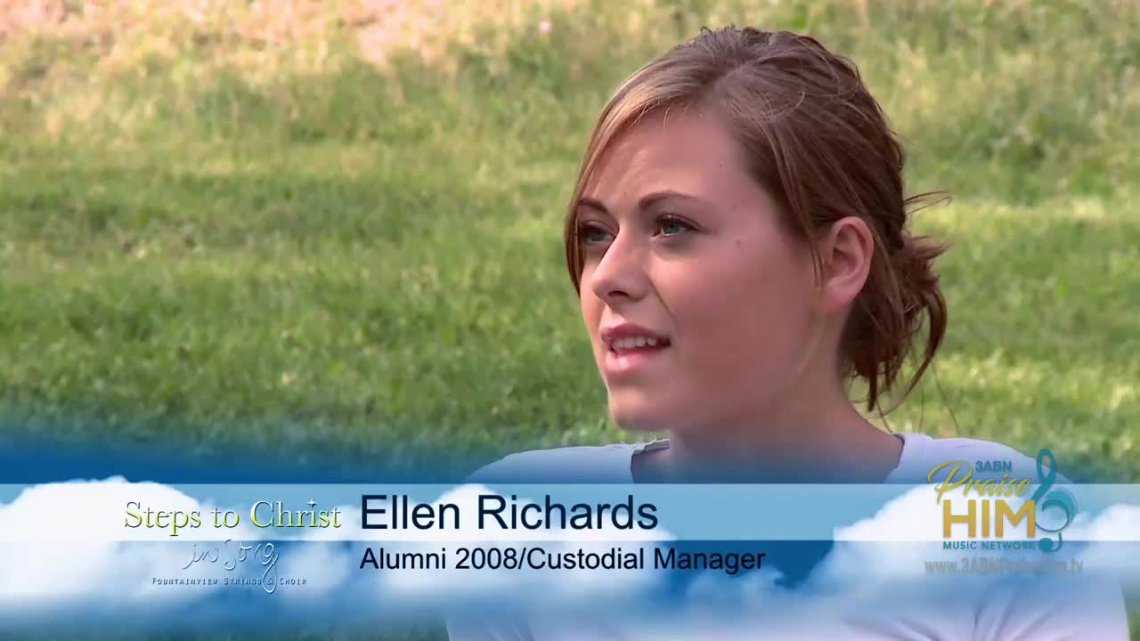 Ellen Richards, identified as an alumnus on 3ABN Praise Him Music Network, is speaking, her gaze directed off-camera. Behind her, a grassy area provides a soft green backdrop.
