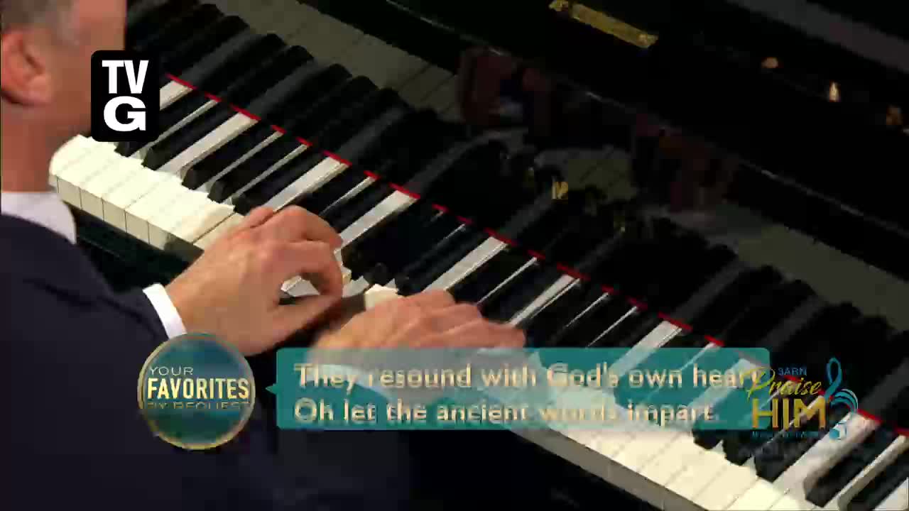 The pianist's fingers dance across the keys, striking chords with precision. On the screen, the 3ABN Praise Him Music Network logo is visible, and the words "Your Favorites" appear.

