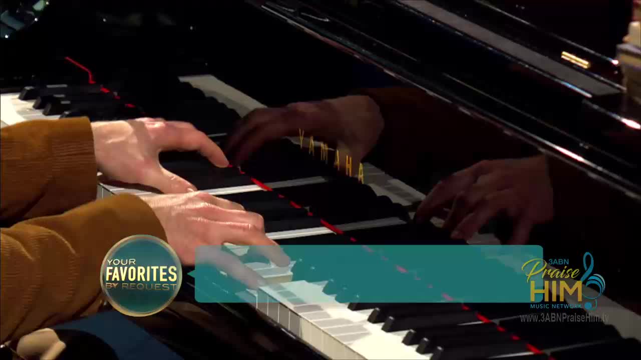 The pianist's hands are a blur as they dance across the keys of a Yamaha grand piano. The 3ABN Praise Him Music Network logo is visible in the corner, and the show is "Your Favorites By Request."
