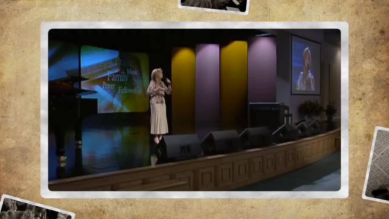 A woman stands on a stage, speaking into a microphone, with a large screen behind her displaying text about "Family Prayer Fellowship." The 3ABN Praise Him Music Network logo is visible on the screen.