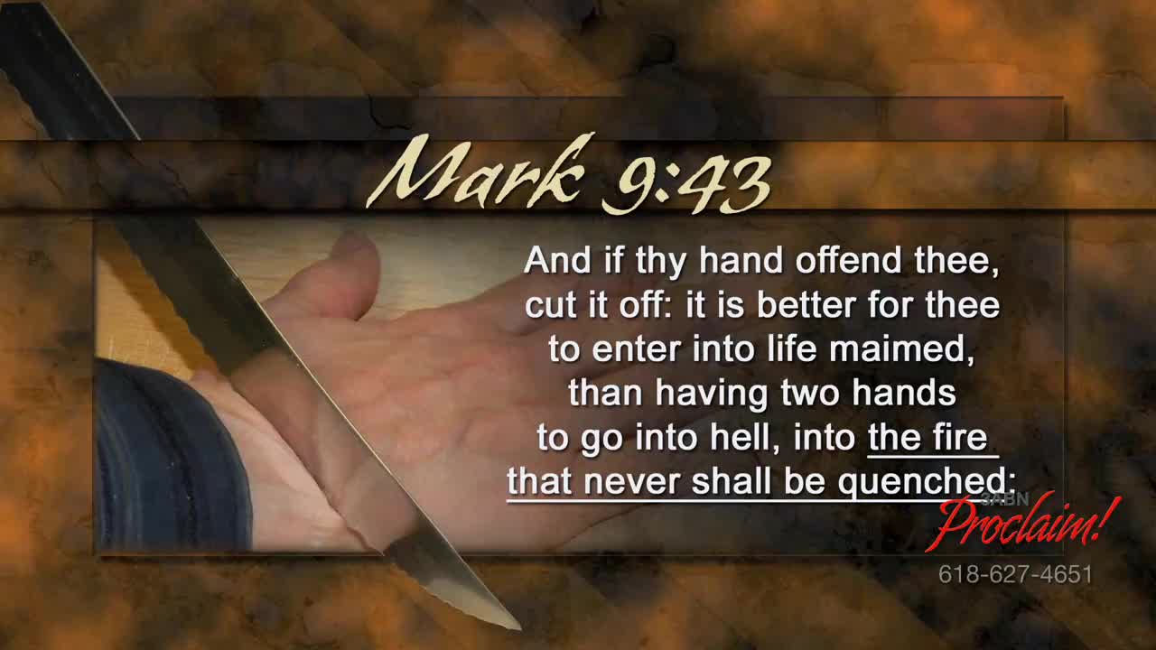 A hand rests open, and a knife is angled above it, as if ready to cut. Text from Mark 9:43, presented by the 3ABN Proclaim! Network, accompanies the image.
