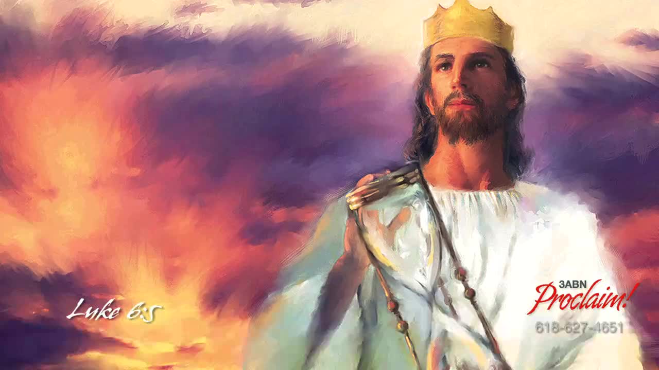 A figure wearing a crown and long hair is set against a vibrant, painted sky. The 3ABN Proclaim! Network logo is in the lower right corner.
