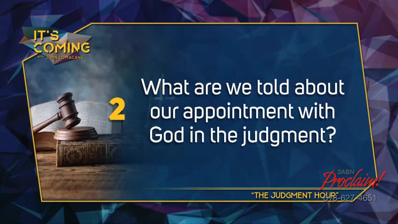 A gavel rests on a wooden block beside a thick book, all set against a hazy background. The 3ABN Proclaim! Network graphic asks a question about judgment, with the number "2" highlighted in yellow.
