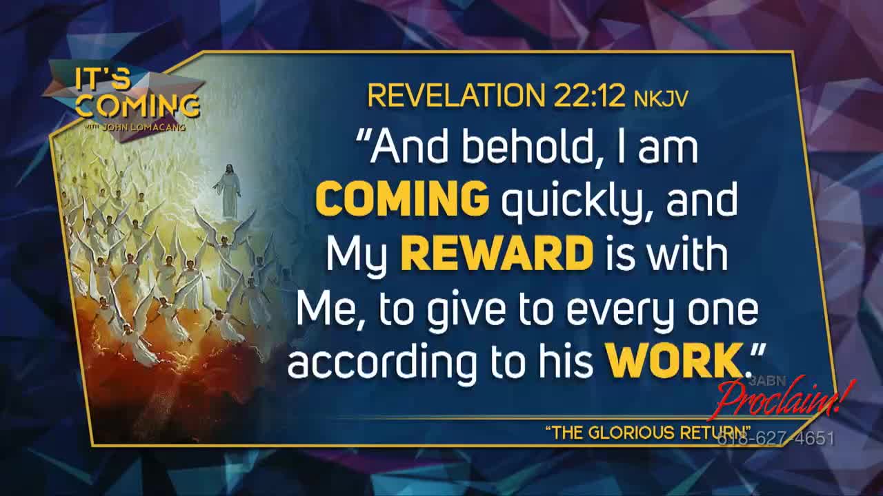 A graphic from 3ABN Proclaim! Network presents a Bible verse about the return of Christ. Above the text, an illustration shows a figure in white robes surrounded by angels.

