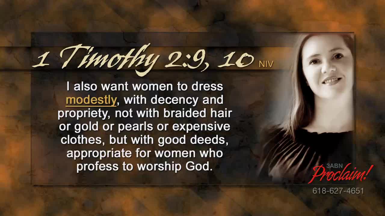 A smiling woman's picture is framed next to a Bible verse about modesty. The 3ABN Proclaim! logo is in the corner, along with a phone number.
