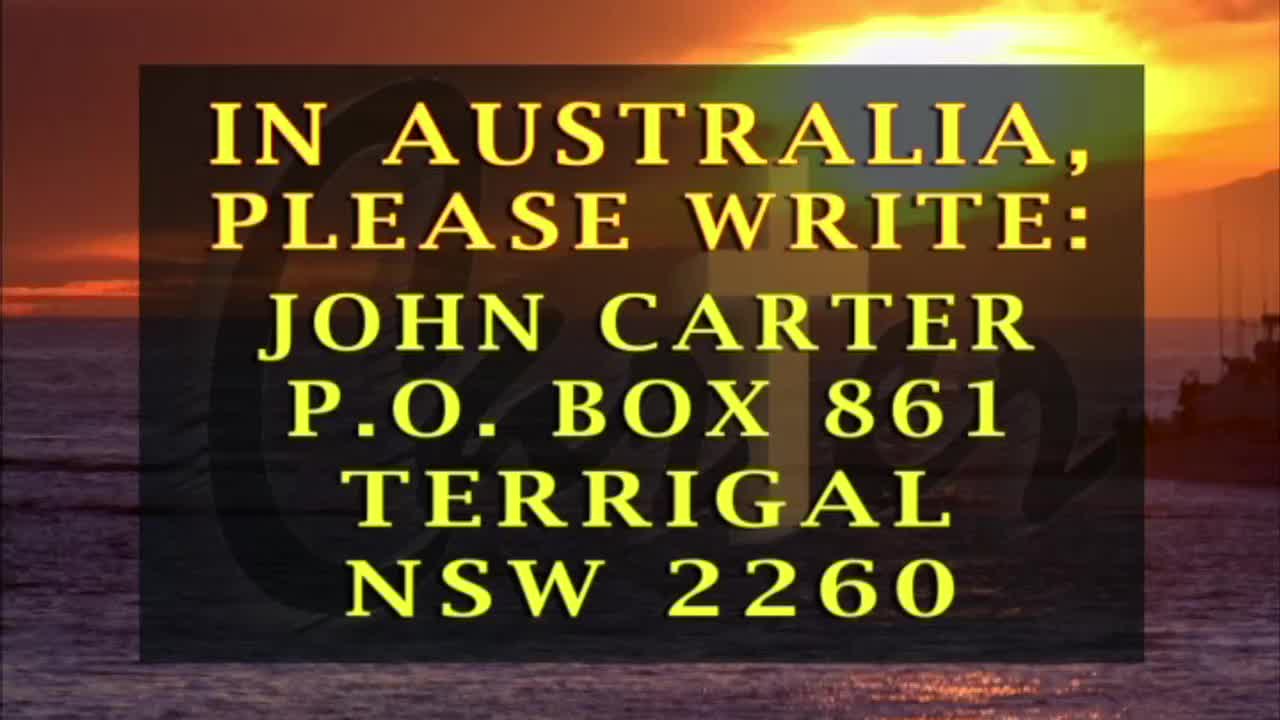 Against a sunset backdrop, a black rectangle displays the address for John Carter in Terrigal, Australia. The text is in bright yellow, urging viewers to write.
