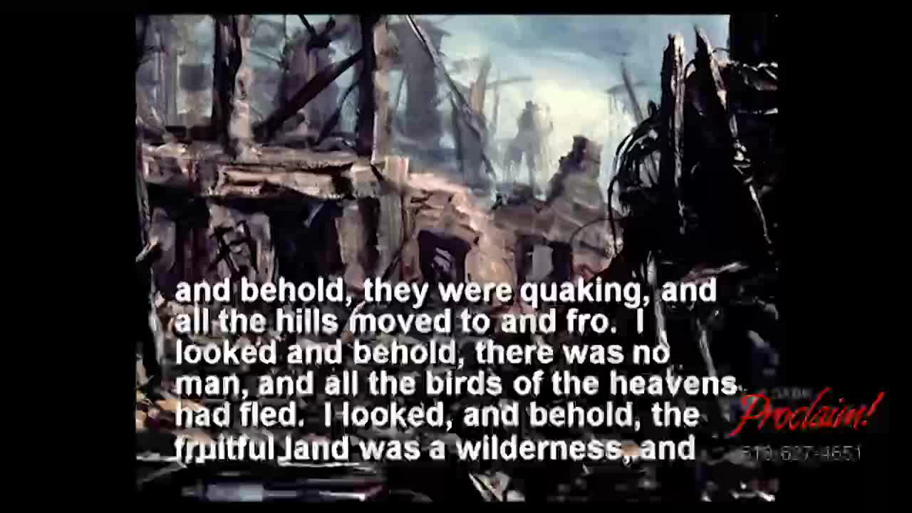 The screen displays a dramatic, stylized image of a ravaged landscape.  Text from the 3ABN Proclaim! Network overlays the scene, describing a desolate scene.
