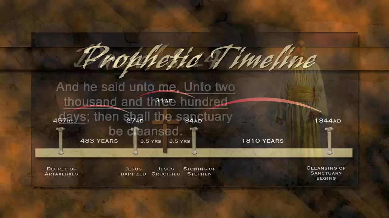 A timeline, overlaid with text from the Bible, charts historical events from 457 BC to 1844 AD. A curved red line connects the dates, visually linking the prophecy with its fulfillment, likely on the 3ABN Proclaim! Network.
