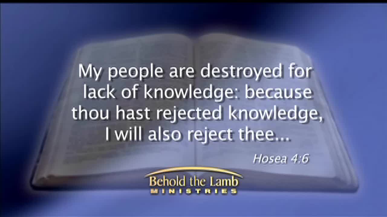 An open book displays a Bible verse in white text against a soft, gray background. Beneath the words, the logo for "Behold the Lamb Ministries" sits centered on a blue gradient.
