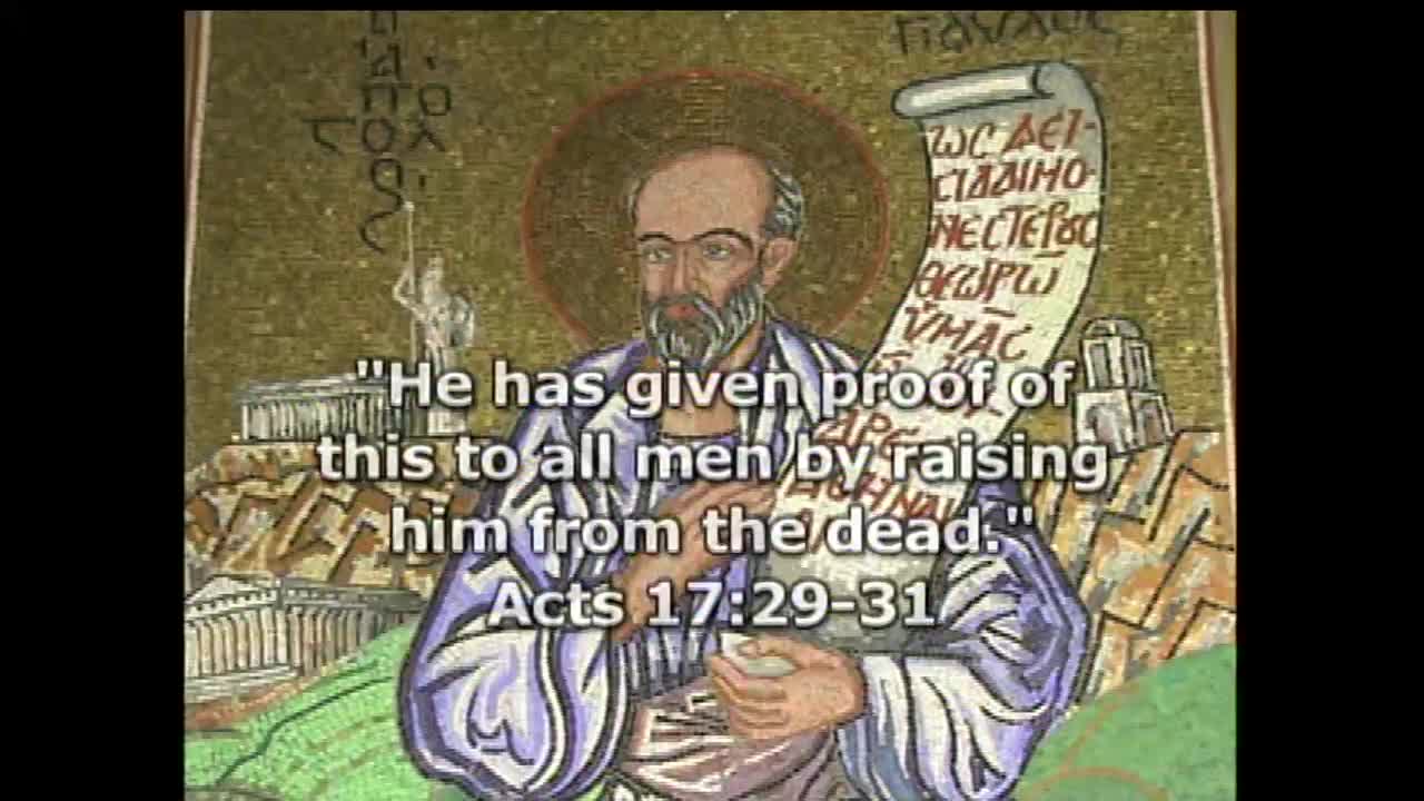 A mosaic depicts a bearded man in purple robes holding a scroll. Text superimposed on the image reads, "He has given proof of this to all men by raising him from the dead. Acts 17:29-31."