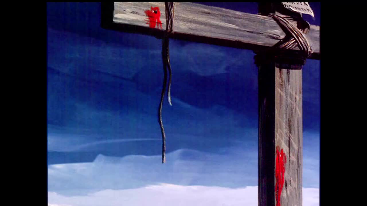 A rough-hewn wooden cross stands against a deep blue sky. A dark rope hangs from the crossbar, its end frayed. Red paint, like bloodstains, marks the wood.