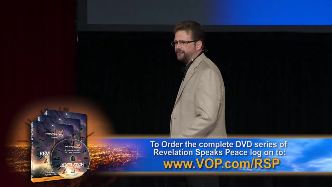 A man in a tan suit stands on a stage, speaking into a microphone. A graphic displays DVD covers and a website address for the "Revelation Speaks Peace" series, likely broadcast on the 3ABN Proclaim! Network.