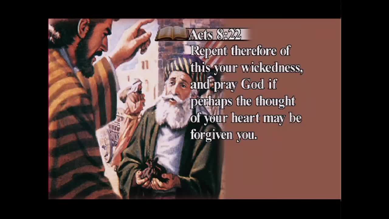 A man with a striped robe points his finger, addressing another man with a long white beard. The bearded man clutches a small, dark bundle in his hands.