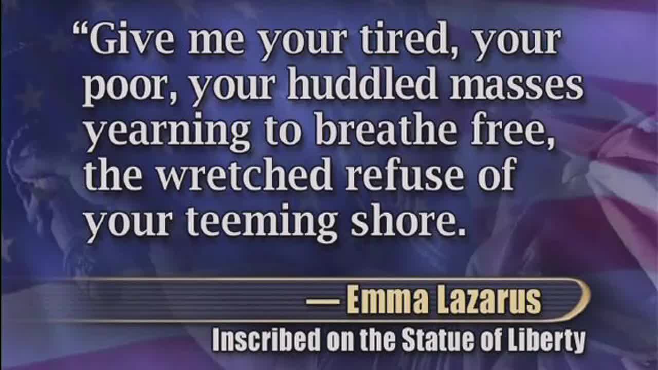 White text from Emma Lazarus's poem appears on screen, with a faint image of the Statue of Liberty behind it. The 3ABN Proclaim! Network logo is visible in the lower right corner.